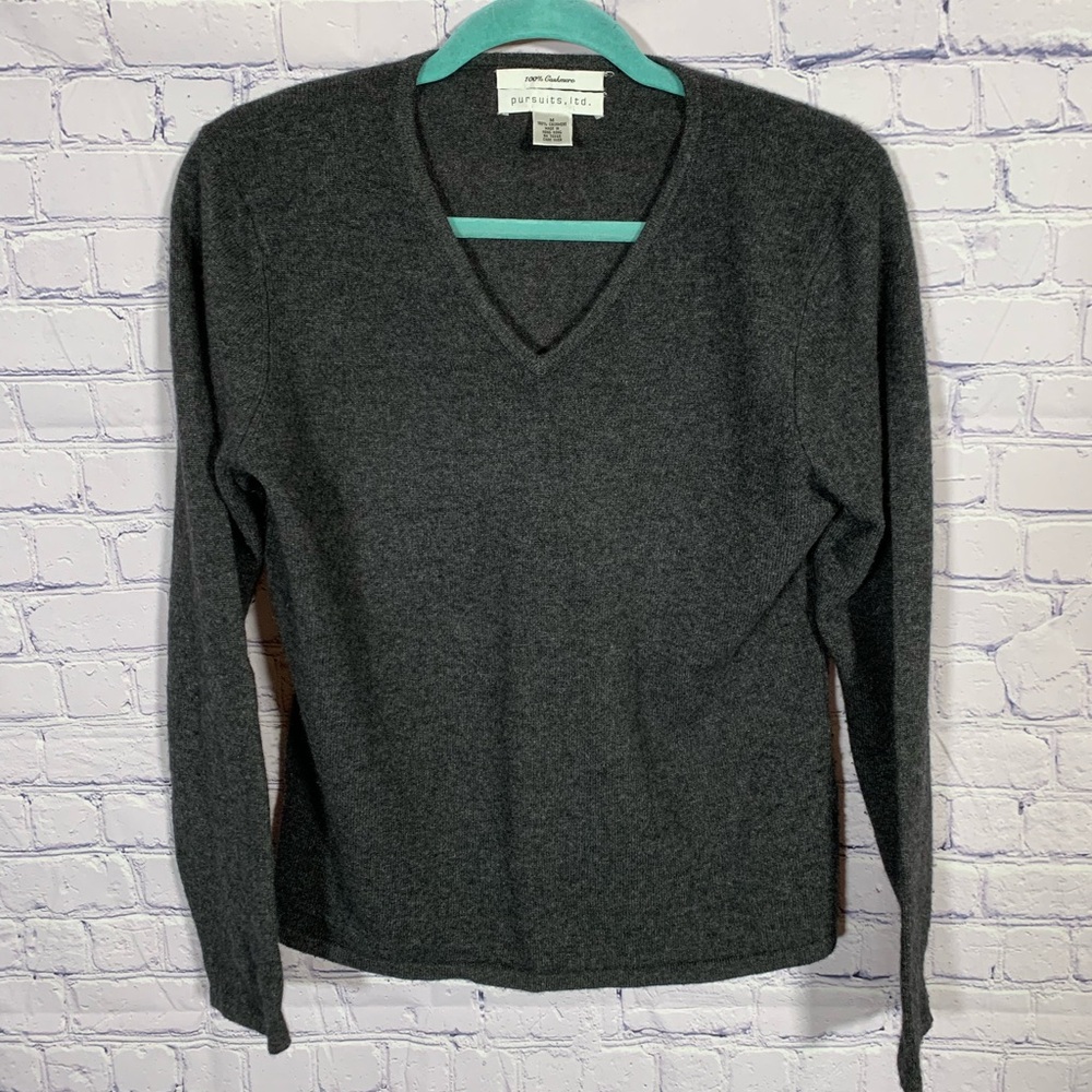 Pursuits LTD Womens Cashmere V-Neck Pullover Sweater Gray Sz M Casual Preppy